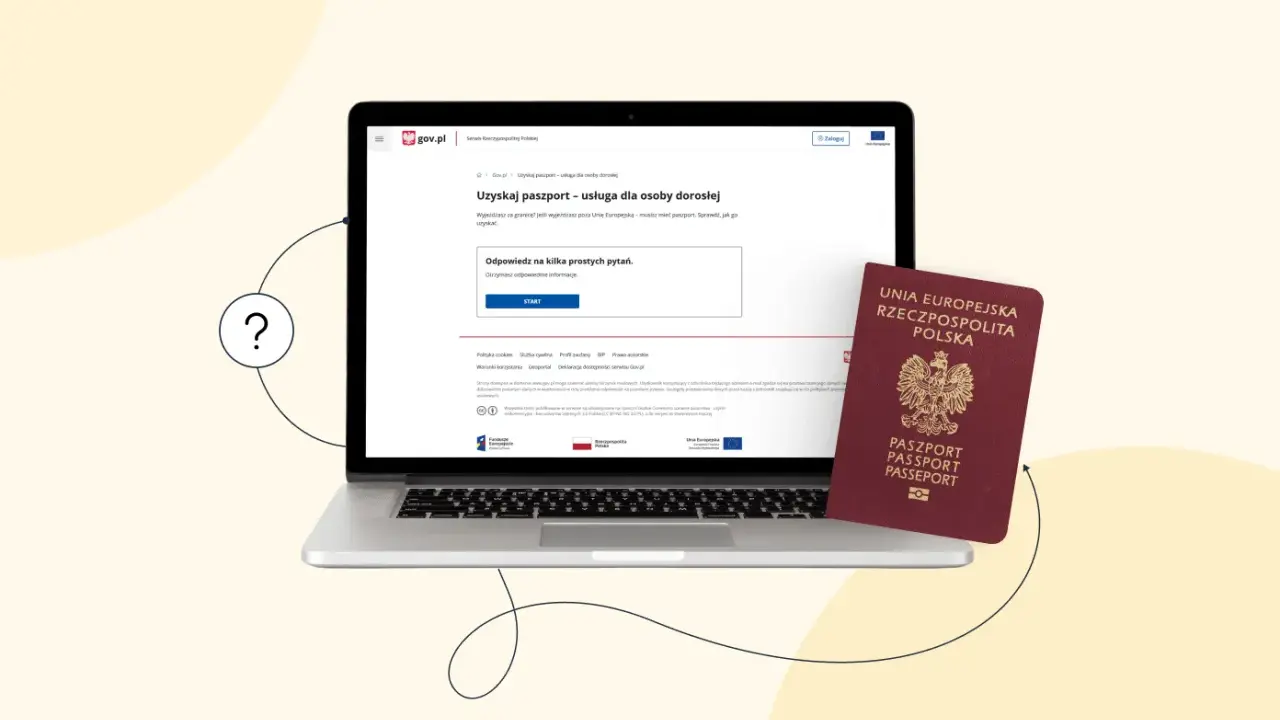 Na laptopie wyświetla się strona gov.pl dotycząca paszportu. Obok leży czerwony paszport. To pomoc w uzyskaniu paszportu dla dziecka.