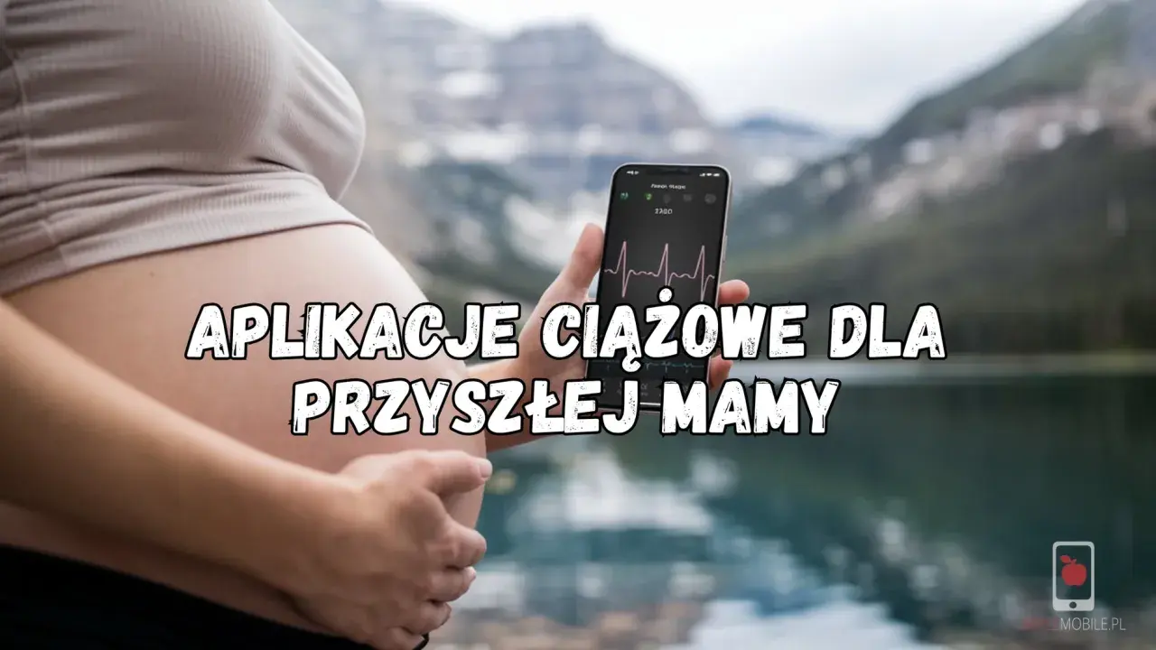 Ciężarna kobieta trzyma telefon z aplikacją ciążową, która pokazuje wykres tętna. Idealne narzędzie dla przyszłej mamy.