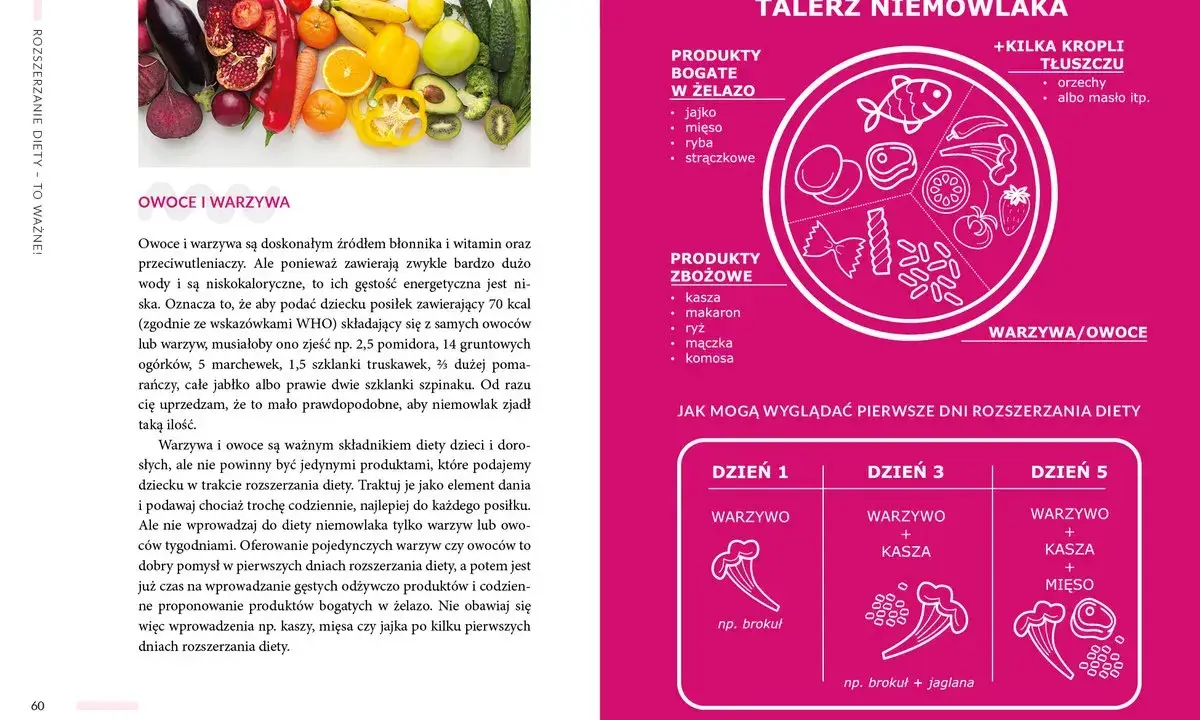 Rozszerzanie diety niemowlaka: talerz z warzywami, owocami, produktami zbożowymi i bogatymi w żelazo. Przykładowe posiłki na pierwsze dni.