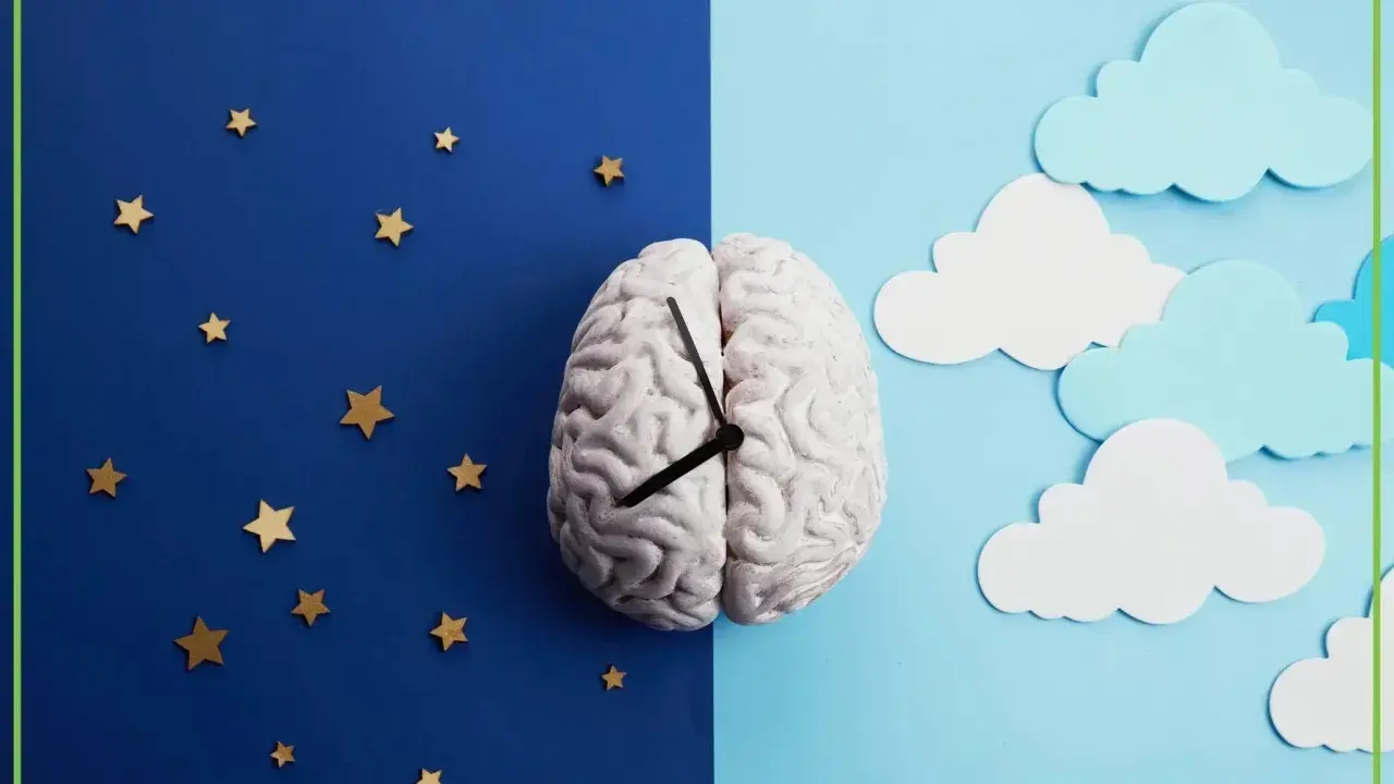 Mózg-zegar na tle nocy i dnia. Pomoc w zasypianiu dla dzieci, wsparcie snu, melatonina dla dzieci.