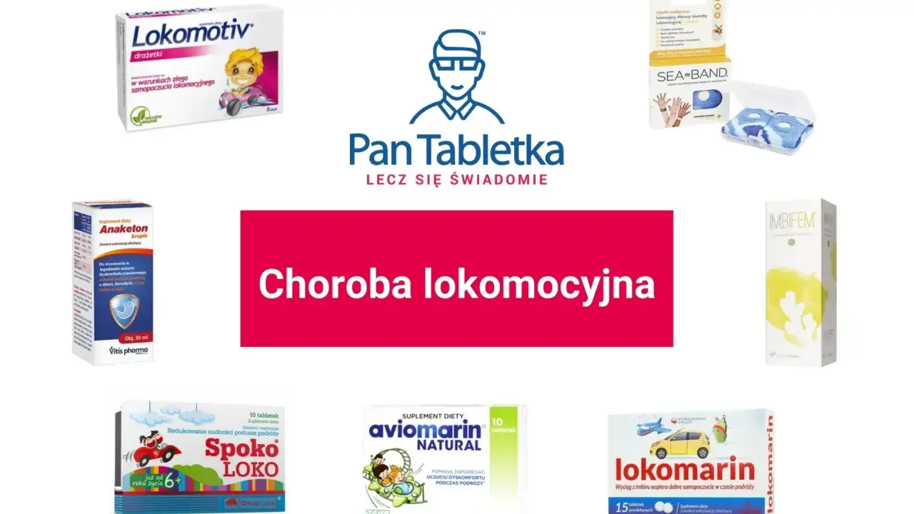 Produkty na chorobę lokomocyjną u dzieci: Lokomotiv, Spoko LOKO, aviomarin, Anaketon, Lokomarin, Sea-Band.