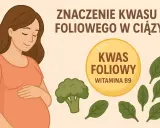Kobieta w ciąży, brokuł, szpinak i żółte koło z napisem "Kwas foliowy witamina B9". Kluczowe dla zdrowia mamy i dziecka.