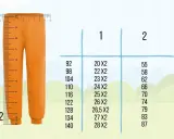 Pomarańczowe spodnie obok miarki. Tabela rozmiarów: rozmiar 104 jaki wiek? 23x2, 62.
