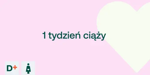 1 tydzień ciąży. Delikatny różowy tle z sercem. Dwa małe kwadraty z ikonami D+ i kobiety w ciąży.