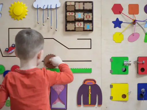 Chłopiec bawi się na tablicy edukacyjnej, rozwijając zdolności manualne. To świetna metoda montessori dla małych odkrywców.