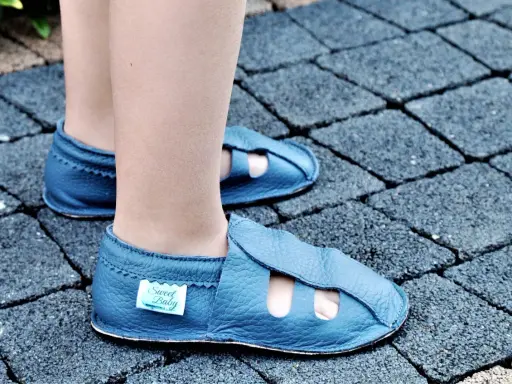 Niebieskie skórzane kapcie dziecięce z otworami na palce na tle kostki brukowej.