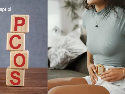 Klocki z literami PCOS i kobieta odczuwająca ból brzucha. Informacje o pcos leczenie.