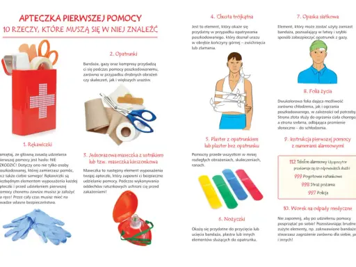 Apteczka pierwszej pomocy dla dzieci: rękawiczki, bandaże, maseczka, chusta trójkątna, plastry, nożyczki, folia życia, instrukcja.