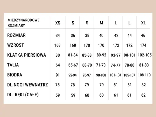 Tabela rozmiarów od XS do XL. Rozmiar 80 w klatce piersiowej odpowiada wiekowi ok. 10-12 lat, wzrostowi 168 cm.
