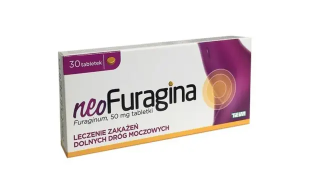 Opakowanie Neo-Furaginy 50 mg, leku stosowanego w leczeniu zakażeń dróg moczowych. W ciąży należy stosować ostrożnie.