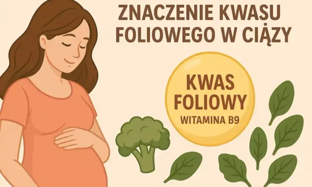 Kobieta w ciąży, brokuł, szpinak i żółte koło z napisem "Kwas foliowy witamina B9". Kluczowe dla zdrowia mamy i dziecka.