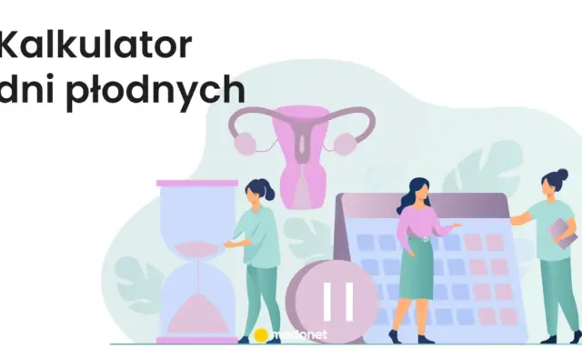 Kalkulator dni płodnych: cykl miesiączkowy, kalendarz, klepsydra i symbol pauzy.