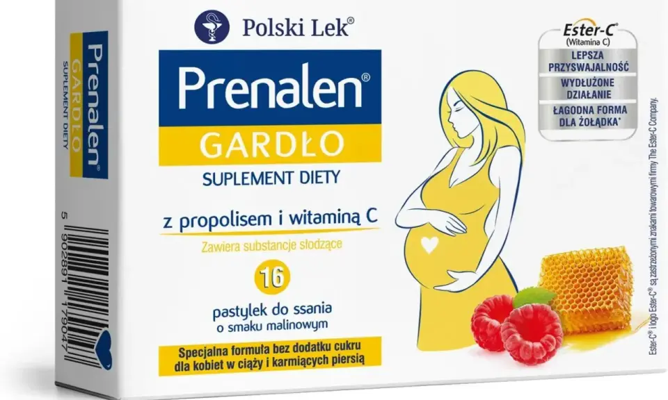Prenalen Gardło - suplement diety z propolisem i witaminą C dla kobiet w ciąży. Pomaga złagodzić ból gardła, łagodna forma dla żołądka.