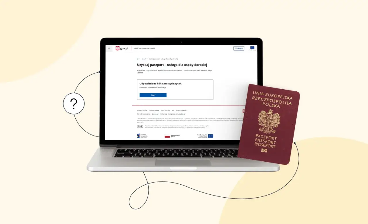 Na laptopie wyświetla się strona gov.pl dotycząca paszportu. Obok leży czerwony paszport. To pomoc w uzyskaniu paszportu dla dziecka.