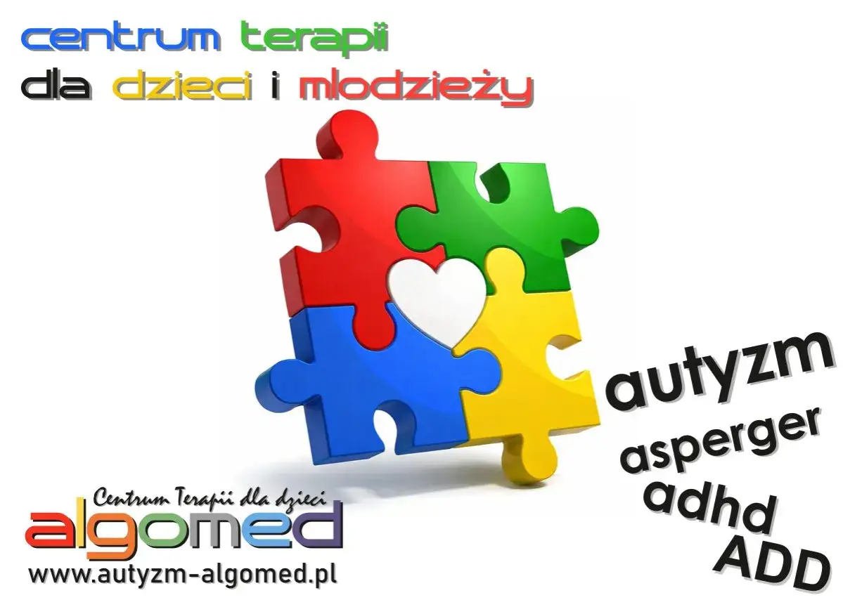 Kolorowe puzzle tworzą serce, symbolizując wsparcie dla dziecka z autyzmem. Centrum terapii dla dzieci i młodzieży.