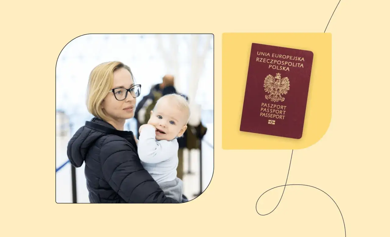 Kobieta z dzieckiem w ramionach i polski paszport dla dziecka. Gotowi na podróż!