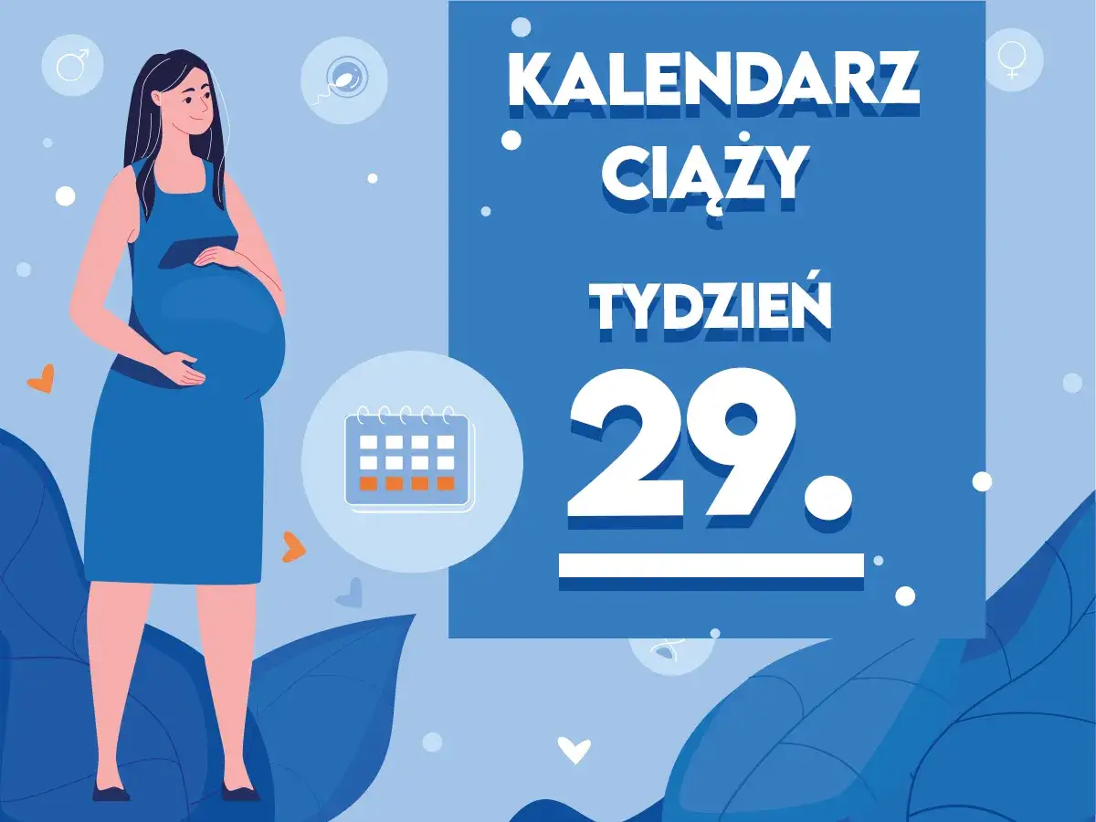 Kobieta w niebieskiej sukience, w 29 tygodniu ciąży, z kalendarzem.