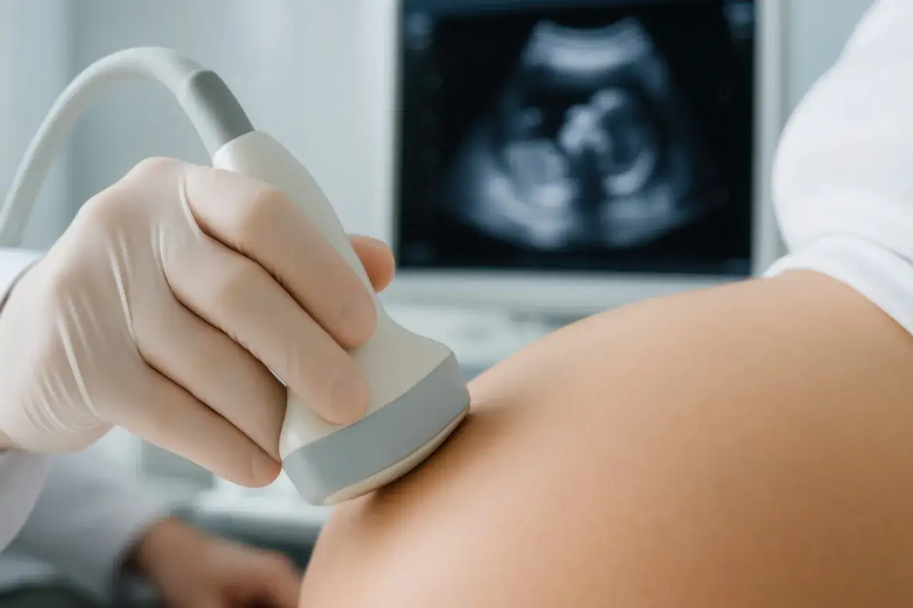 Ginekolog wykonuje badania prenatalne NFZ. Na ekranie widoczny obraz USG płodu, a sonda przykładana jest do brzucha ciężarnej.
