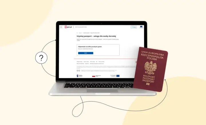 Na laptopie wyświetla się strona gov.pl dotycząca paszportu. Obok leży czerwony paszport. To pomoc w uzyskaniu paszportu dla dziecka.